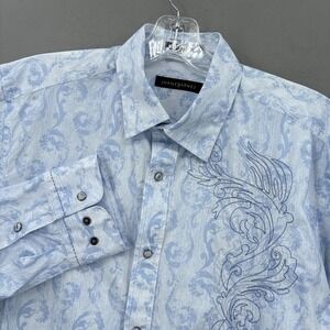 Jhane Barnes Shirt Mens Large Blue Paisley Embroidered Snap Button Western
